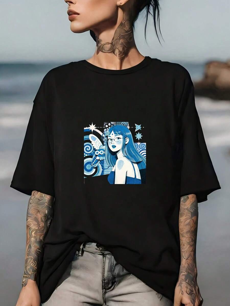 Camiseta de moda neutra 100% algodón - Estampado de anime brillante, adecuada para reuniones familiares y actividades de team-building de empresas, un regalo ideal para cumpleaños y celebraciones del Día de los Caídos. Camiseta de mujer de color sólido simple, corte holgado y ajustado, manga corta informal. - Negro - Ver 1