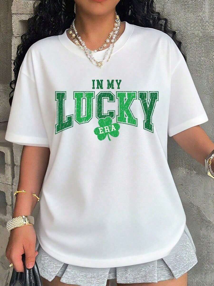 Women's Plus Size Black T-Shirt With Shamrock Design For St. Patrick's Day Celebration, Casual Irish Festival Wear - 白色 - 查看 1