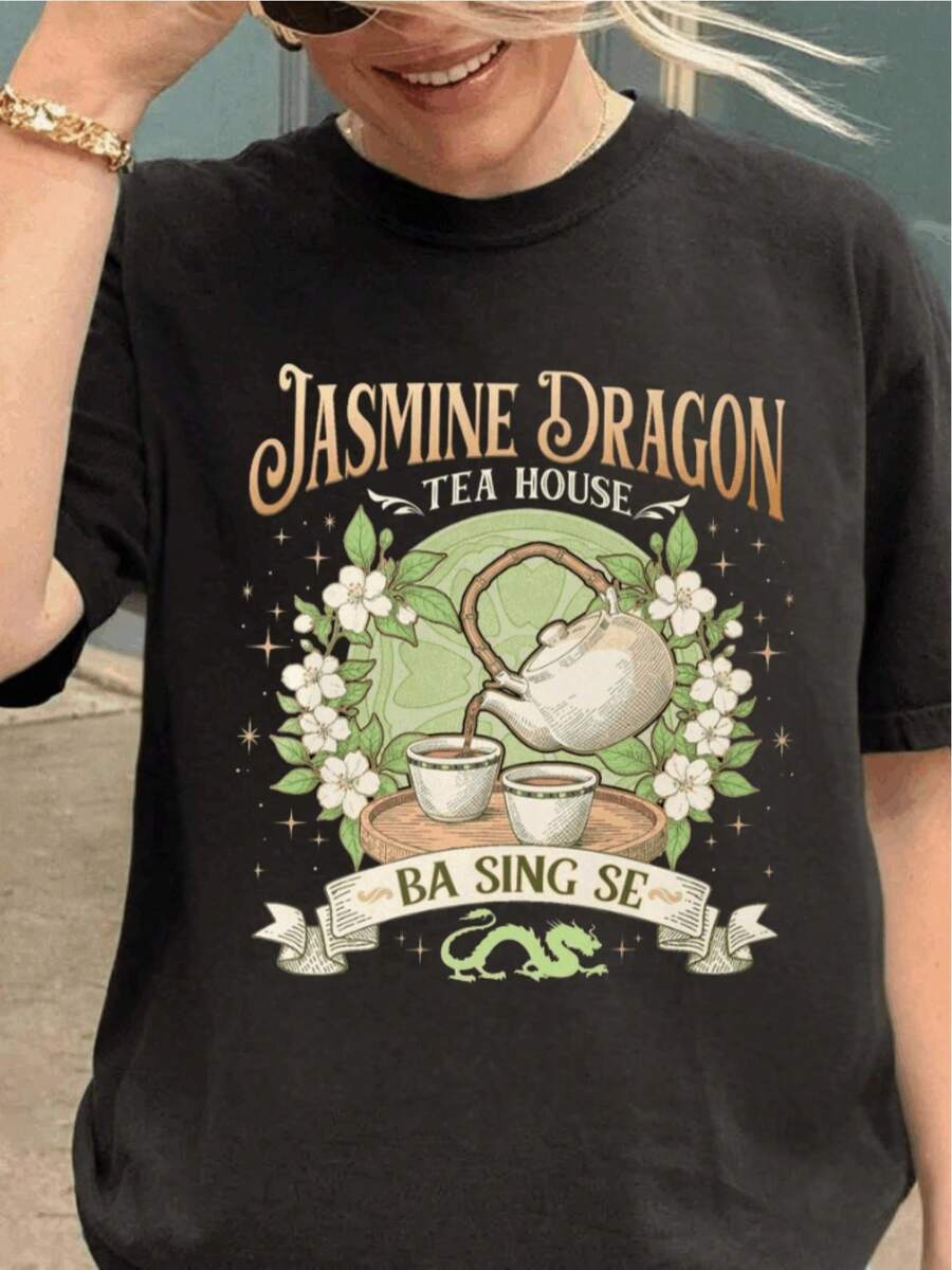 Una camiseta de mujer de manga corta, holgada, moderna, a la moda, retro y elegante, adecuada para actividades al aire libre en primavera y verano, camiseta Jasmine Dragon Teahouse, camiseta Aiyolo, camiseta para fans de anime Basincese, regalo inspirado en el  de la casa de té, 10530701blusas para mujer,blusas casuales para dama,tops,, mujer premium,y2k,playeras de mujer curvy,ofertas y liquidaciones ropa mujer,playeras deportivas para mujer,,playeras de hombre, mujer,blusas>elegante LFTU - Negro - Ver 1