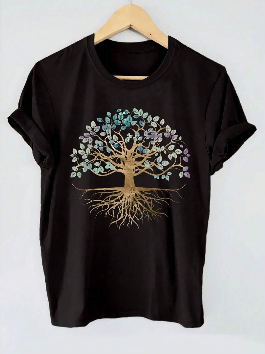 Vibrant Tree Print Short Sleeve Crew Neck Casual T-Shirt - Soft Cotton Fabric, Mid Elasticity, Regular Length, Machine Washable - Perfect For Summer And Spring, Womens Clothing - Black - View 1