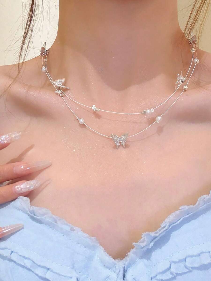 CVNANA 1 chiếc vòng cổ ngọc trai hình bướm hai lớp thanh lịch, tinh tế dành cho nữ, phong cách nghỉ dưỡng biển, vòng cổ choker tối giản ngọt ngào, unisex, món quà hoàn hảo cho sinh nhật, kỷ niệm, ngày Valentine, tiệc tùng, hoặc đeo hàng ngày.