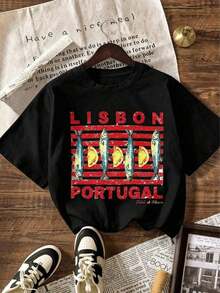 Women's Loose And Modern Travel T-Shirt, Vintage Sardine Design "Lisbon Portugal", Breathable And Comfortable, Short Sleeve, Soft Cotton Round Neck, Ideal For Casual Outings And Fashionable Looks For Holidays In Europe. - 黑色 - 查看 1