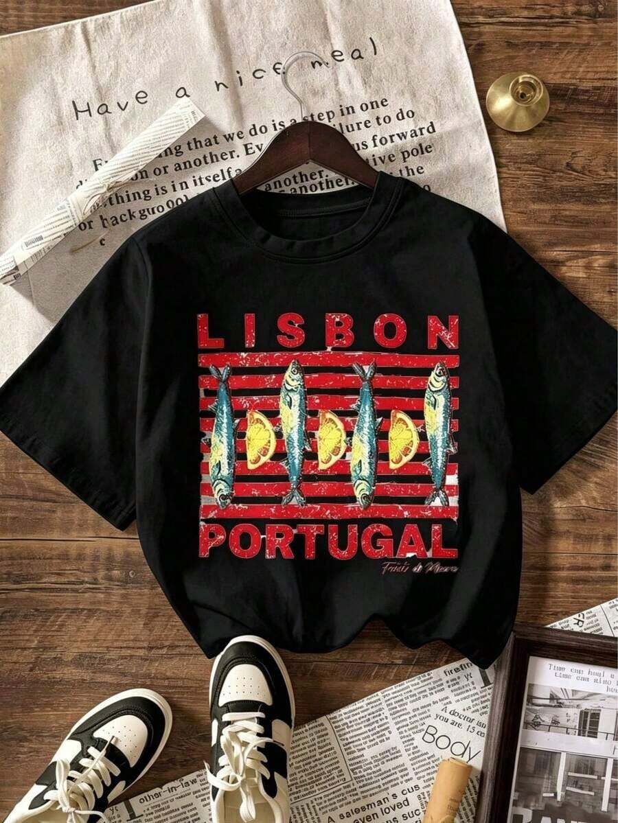 Women's Loose And Modern Travel T-Shirt, Vintage Sardine Design "Lisbon Portugal", Breathable And Comfortable, Short Sleeve, Soft Cotton Round Neck, Ideal For Casual Outings And Fashionable Looks For Holidays In Europe. - 黑色 - 查看 1
