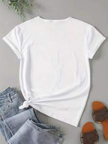 Camiseta de mujer de cuello redondo con estampado gráfico de moda, suave y cómoda, lavable a máquina, casual, elegante, versátil, adecuada para uso diario, para ir al trabajo o para vacaciones. - Blanco - Ver 2
