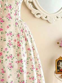 Women's Elegant Vintage Dress With Pockets, Featuring A Ruched Bodysuit With A Tiny Floral Print, Spaghetti Straps, And A Casual Design Suitable For Parties, Vacations, Summer Wear, Prom, Birthdays, Weddings, As A Wedding Guest Dress, Or A Spring Dress. - 紅色 - 查看 9