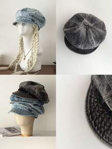 Girl's Oversized Octagonal Newsboy Cap, Designer Style, Versatile Face-Slimming Painter Hat, Plus Size, Washed Distressed Casual Beret, Artistic Niche Vintage Retro Baseball Cap - Multicolor - View 3