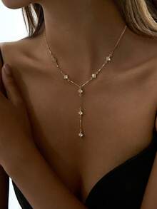 Nooxian 1pc Women's Necklace, Exquisite Copper Inlaid Zirconia Four-Leaf Clover & Starburst Pendant With Tassel Y-Shaped Long Necklace, Suitable For Daily Deep V Dress, Party Accessories, Gift - Gold - View 2