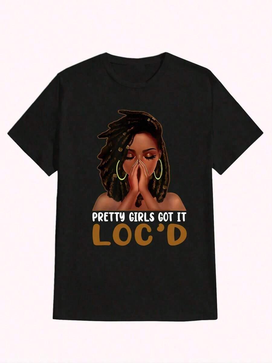 1 Black Hair Culture Brand T-Shirt, With "Pretty Girls Got It Loc'd" Graphic Print, Afro-Centric Fashion T-Shirt, Casual Print, Comfortable And Versatile, Letter Pattern Printed T-Shirt In 180g Pure Cotton, 100% Cotton. - 黑色 - 查看 1
