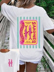 Women's Summer T-Shirt With Sardine Graphic Print, Short Sleeve, Round Neck, Casual, For Summer And Spring, Women's Clothing, Casual Short Sleeve Cotton T-Shirt For Summer Vacation - 白色 - 查看 1