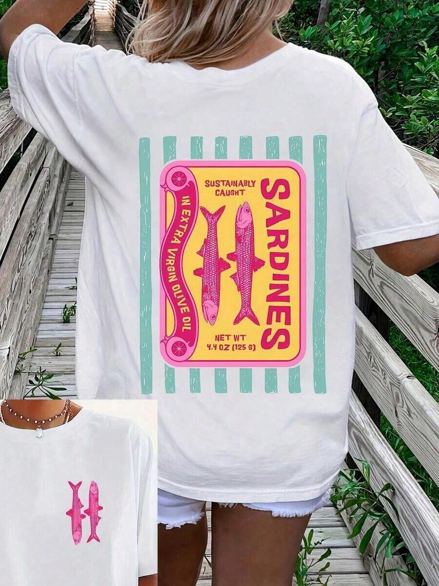 Women's Summer T-Shirt With Sardine Graphic Print, Short Sleeve, Round Neck, Casual, For Summer And Spring, Women's Clothing, Casual Short Sleeve Cotton T-Shirt For Summer Vacation - 白色 - 查看 1