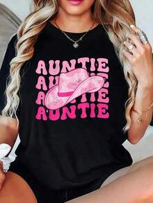 Retro Pink Cowboy Style T-Shirt For Aunt Cowgirl, Women's Sets - 黑色 - 查看 1