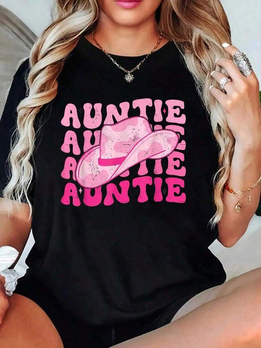 Retro Pink Cowboy Style T-Shirt For Aunt Cowgirl, Women's Sets - 黑色 - 查看 1