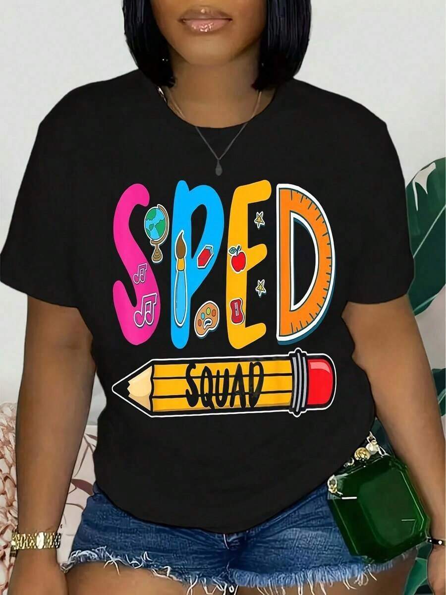 Camiseta de manga corta para mujer, suave y transpirable, 100% algodón - Estampado gráfico con temática de maestros, top casual de cuello redondo para la temporada de regreso a clases, camiseta versátil para educadoras y madres, camiseta de maestra. - Negro - Ver 1