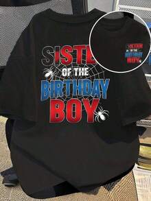 Under The Radar Women's Double-Sided T-Shirt With "Sister Of The Birthday Boy" Double Print Featuring Spiders And Cobwebs, 100% Cotton. Comfortable And Original. Unisex Cotton Loose-Fitting Short-Sleeved Crew Neck Vintage Style T-Shirt For Women - 黑色 - 查看 6