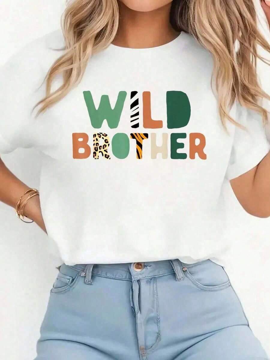 Wild Brother Zoo Born Wild Birthday Jungle Family Print T-Shirt, Casual Short Sleeve Crew Neck T-Shirt, Comfortable, For Spring And Summer, Women's Clothing. - 白色 - 查看 1
