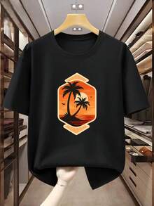 Camiseta de Talla Grande para Hombre, 100% Algodón, Manga Corta, Estampado Retro de Palmeras al Atardecer, Cómoda y Casual para el Verano - Negro - Ver 6