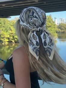 1pc Bohemian Style Versatile Silk Women's Scarf, Printed With Pansy Floral Pattern, Lightweight And Breathable, Suitable For Spring/Summer Casual And Outdoor Wear, Can Also Be Used As Hair Accessory For Vacation - Khaki Yellow - View 4