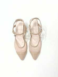 Sandalias de tacón grueso con punta puntiaguda y malla beige, zapatos con correa de estilo francés de espalda abierta, tacones altos versátiles y transpirables con una vibra suave para ir al trabajo - Beis - Ver 5