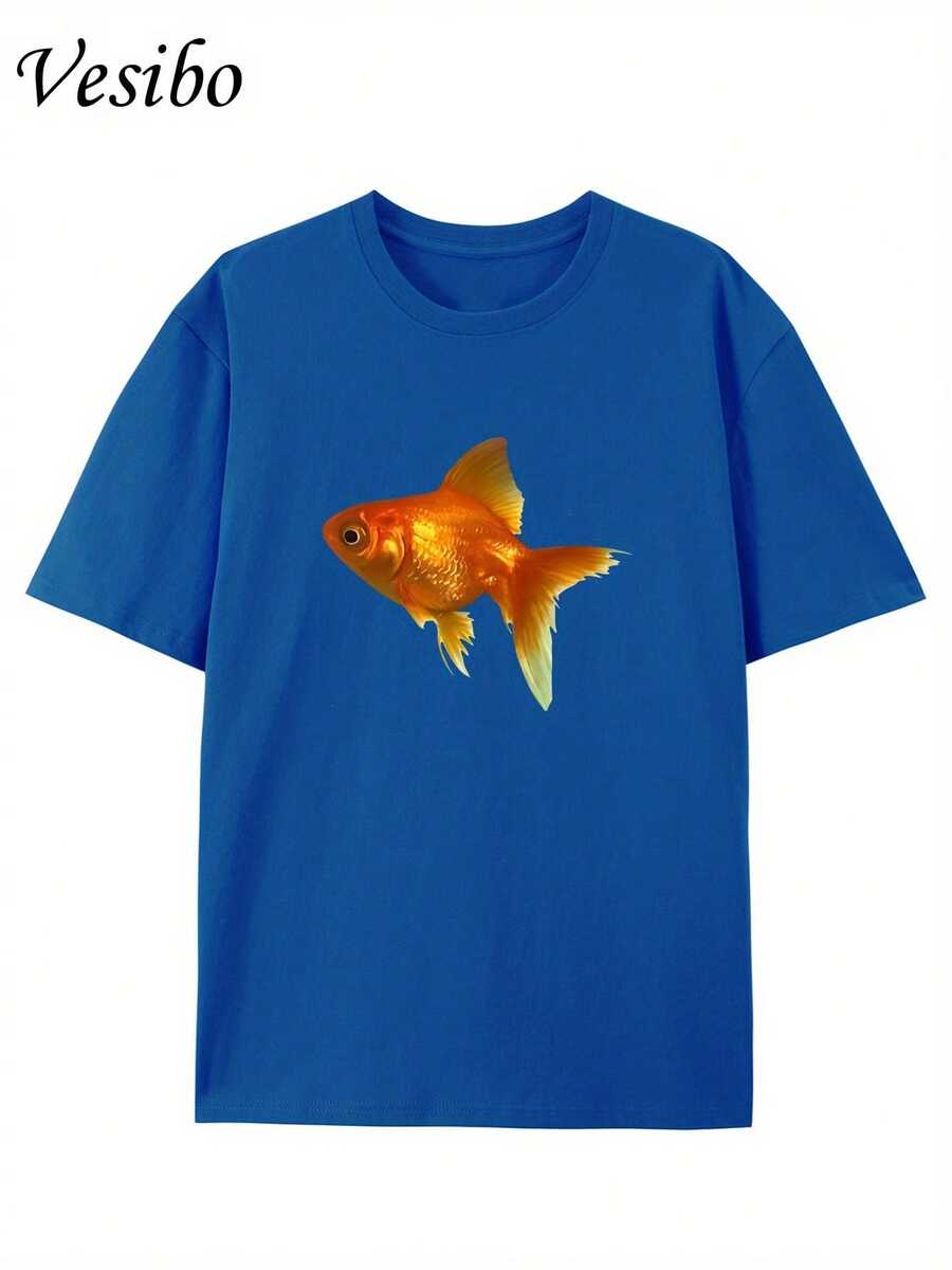 Creative And Fun T-Shirt With Round Neck And Graphic Design, Made Of Pure Fabric, Modern And Stylish For Summer, Perfect For Casual Everyday Wear - 藍色 - 查看 1