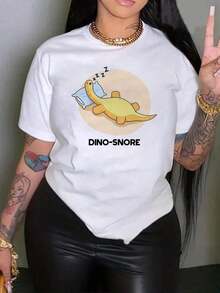 Women's Cotton Sleeping Dino T-Shirt, Graphic Print Tee, Comfortable Pure Cotton Casual Tee, Relaxed Fit With Snoring Dinosaur Design, Perfect Gift For Her, Loungewear For Home. Women's Basic Blouses - 白色 - 查看 7