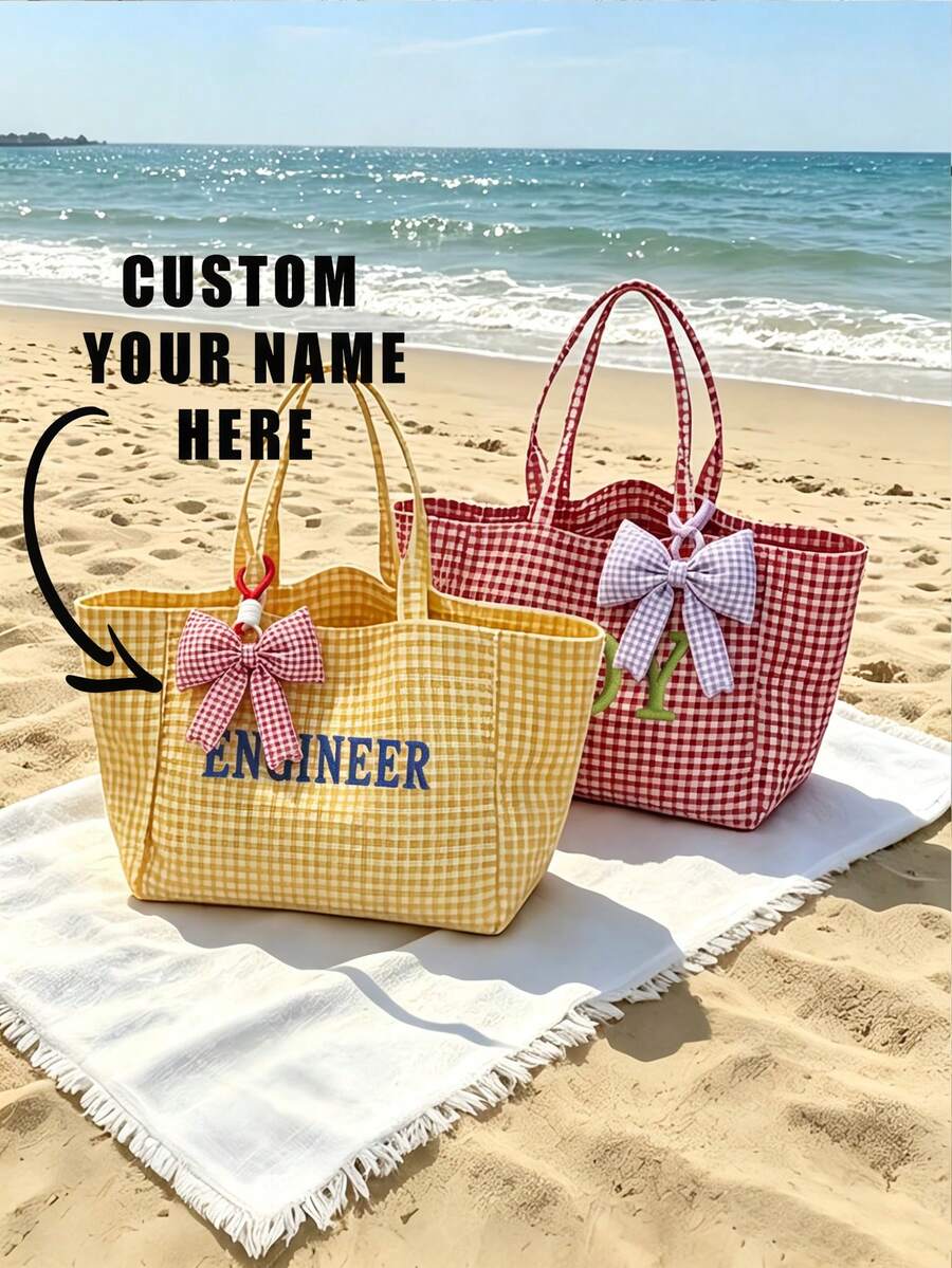 個性化刺繡字母流蘇托特包，大容量帆布通勤單肩包，沙灘包，隨機顏色蝴蝶結吊飾