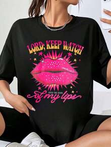 Women's "Lord Keep Watch Over The Door Of My Lips" Graphic T-Shirt, Fashion T-Shirt With Pink Lips Design And Star Print, Casual Style For Everyday Wear - 黑色 - 查看 7