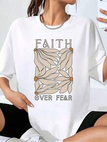 Women's 'Faith Over Fear' Graphic T-Shirt, Plus Size, Floral Design With Inspirational Quote, Fashionable Top For Casual Wear - White - View 7