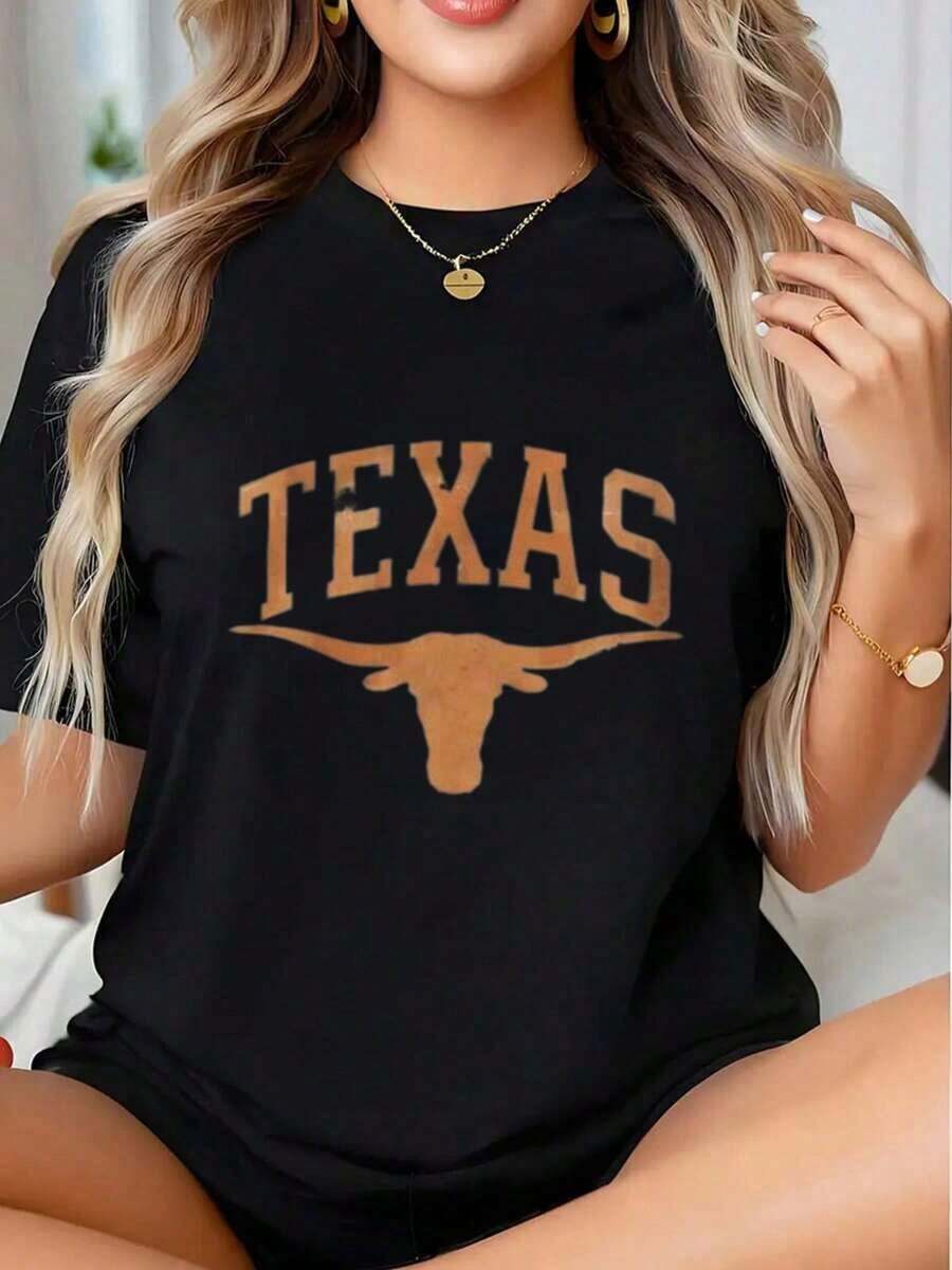 Women's Texas Longhorns University Logo Graphic T-Shirt, Casual Wear, College Spirit T-Shirt, Summer Fashion Cotton T-Shirt - 黑色 - 查看 1