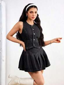 Vestido informal de mezclilla sin mangas con cuello redondo, abotonadura única y bajo plisado para mujeres - Negro - Ver 3