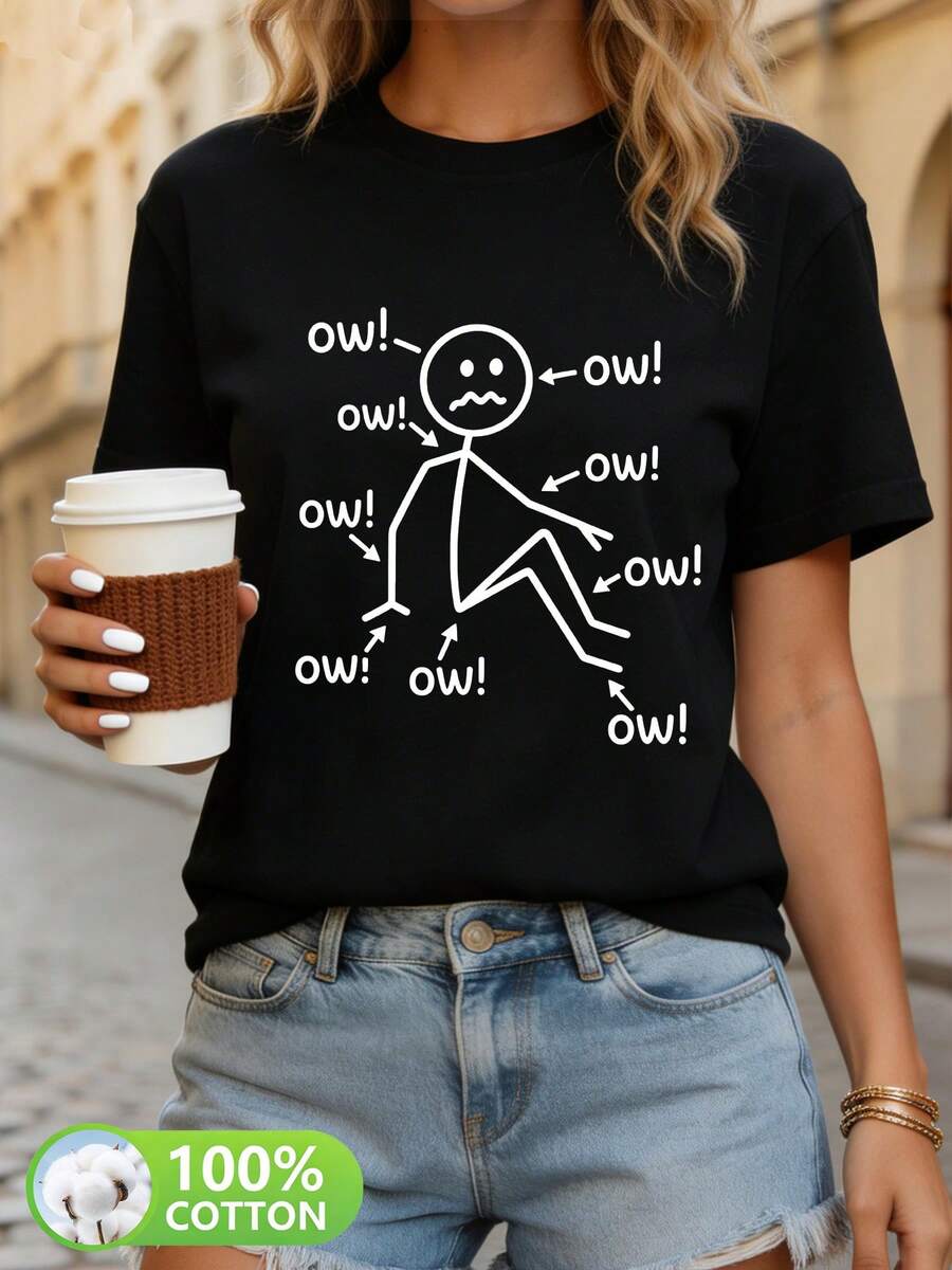 Women's Casual Short Sleeve T-Shirt - With Fun "Ouch!" Print. Casual Style, Round Neck, Breathable 100% Cotton Fabric, Machine Washable, Casual Wear For Spring, Summer And Autumn, Available In Multiple Colors, Stylish Blouses For Women. - 黑色 - 查看 1