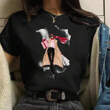 Fashion Graphic T-Shirt For Women, Casual Style, Short Sleeve, Cotton, Round Neck, Size, Gift For Lovers Of - Urban Vintage Style, Unisex, Loose Fit, Cotton, Short Sleeve, Round Neck. - 黑色 - 查看 1
