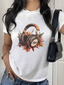 100% Cotton With Digital Print Of Headphones With Artistic Flowers. Women's T-Shirt With Round Neck, Floral Music Theme, 220 Grams, 1 Unit. 100% Cotton, Modern Style, Casual Design. Women's Simple Solid Color T-Shirt, Loose And Slim Fit Casual Short Sleeve - 白色的 - 查看 8