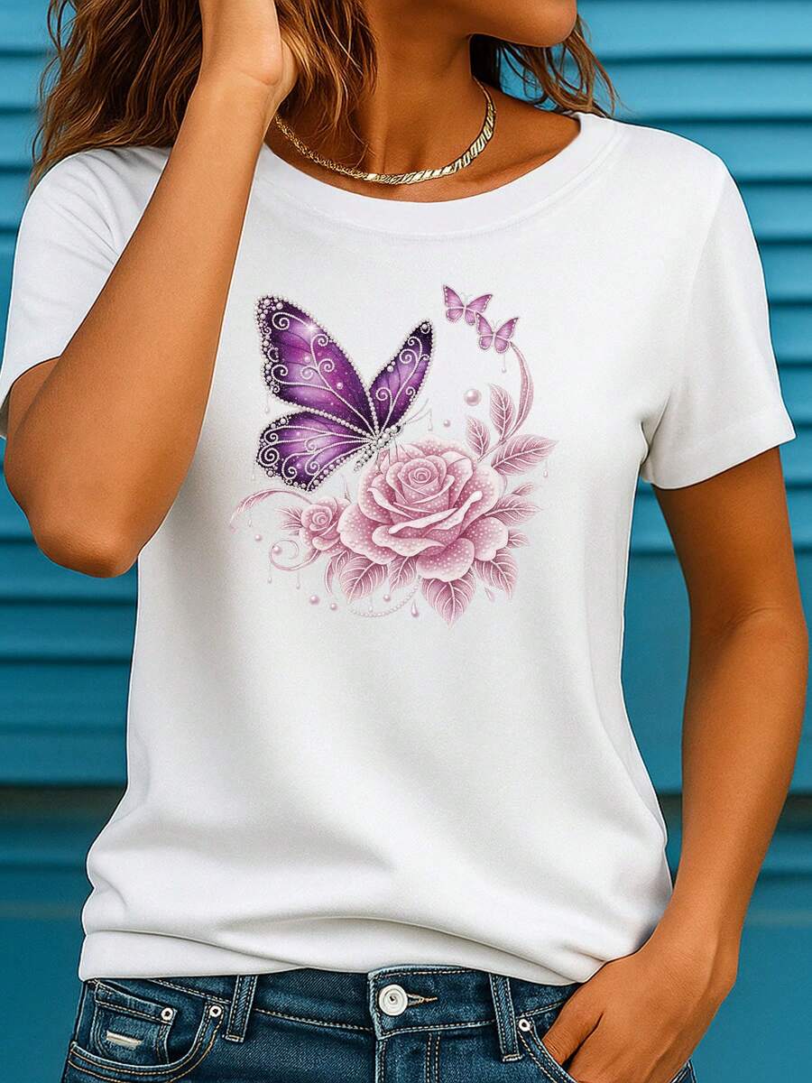 Women's Casual Summer T-Shirt With Round Neck And Short Sleeves, New Style, Soft And Breathable, Personalized, Sweet, With Butterfly Print, Pink, Pearls And Rhinestones, Purple Color - D860 - 白色 - 查看 1