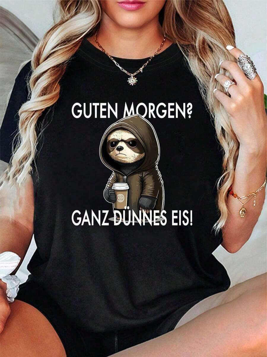Good Morning From The German Sloth. VERY THIN ICE! Women's Printed Short-Sleeved Crew Neck T-Shirt, Ideal For Casual Outings, Summer Gifts - 黑色 - 查看 1