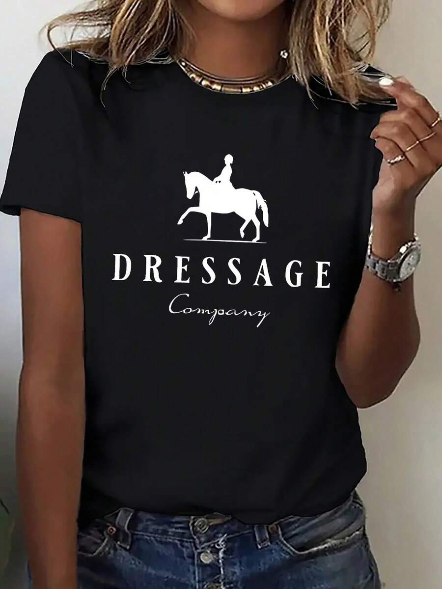New Spring Women's 1-Piece T-Shirt With New Year's Theme - Stylish Equestrian Pattern Print, Suitable For Sports, Fitness, Running, Fashionable Sweatshirt, Fun, Comfortable, Soft And Breathable, Short Sleeve For Christmas Party, Christmas T-Shirt, Festive Clothing, Robe - 黑色 - 查看 1