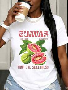 GiftCamia Women's Sweet Tropical Fruit Graphic "Hand-Picked Guavas On The Farm" Summer Casual Wear, Soft White Cotton Top - 白色的 - 查看 6
