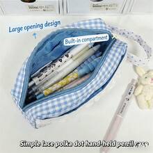 1 hộp đựng bút họa tiết kẻ caro và chấm bi thời trang, túi đựng văn phòng phẩm dung tích lớn, đồ dùng học tập và văn phòng phẩm. - A - Xem 6