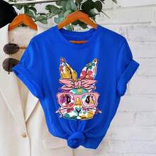 Women's Cotton T-Shirt With Easter Bunny Print, Short Sleeve, Round Neck, Casual Style With Floral Rabbit Graphic, Loose Fit For Spring Holidays, Soft Sizes - 藍色 - 查看 1