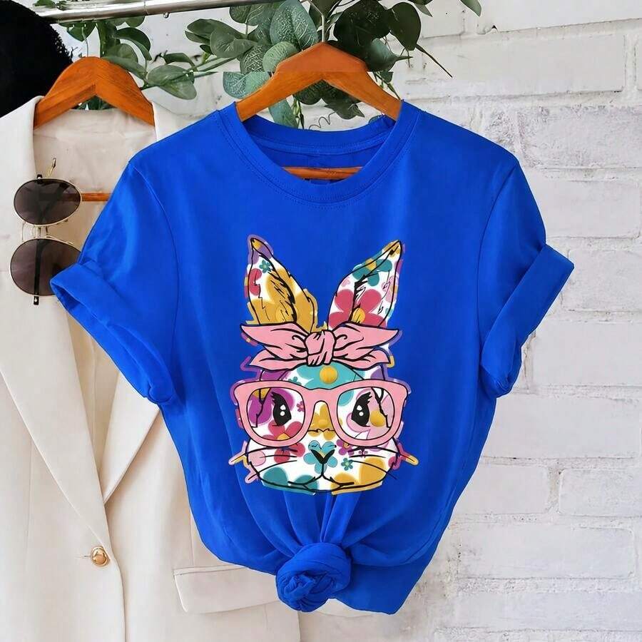 Women's Cotton T-Shirt With Easter Bunny Print, Short Sleeve, Round Neck, Casual Style With Floral Rabbit Graphic, Loose Fit For Spring Holidays, Soft Sizes - 藍色 - 查看 1