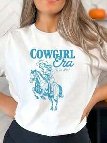 1 Piece, 2026, Women's White Short Sleeve Crew Neck T-Shirt, Casual Denim Style With Simple Print, Vintage West Era Inspiration, Western Aesthetic, Graphic Tees, Fashionable Tops For Daily Wear, Suitable For Holidays, Graphic Tees, Summer Tops, Black Top, 180g 100% Cotton Tops. - 彩色 - 查看 4