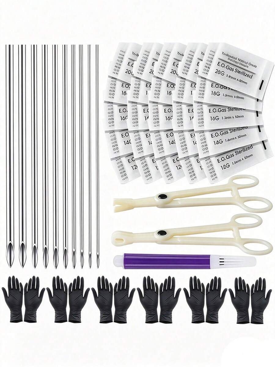 40pcs Piercing Tool Set - Usiriy 20G 18G 16G 14G 12G Piercing Needle Set Body Piercing Tool Kit Piercing Needle Clamp Set Suitable For Ear Nose Belly Button Tongue Eyebrow Piercing Accessories