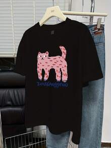 FashionNEW Women's Casual Short Sleeve T-Shirt With Cat Print, Minimalist Korean Summer Style, New Versatile Vintage Urban Style T-Shirt, Unisex, Loose Fit, Cotton, Round Neck And Short Sleeve. - 黑色 - 查看 1