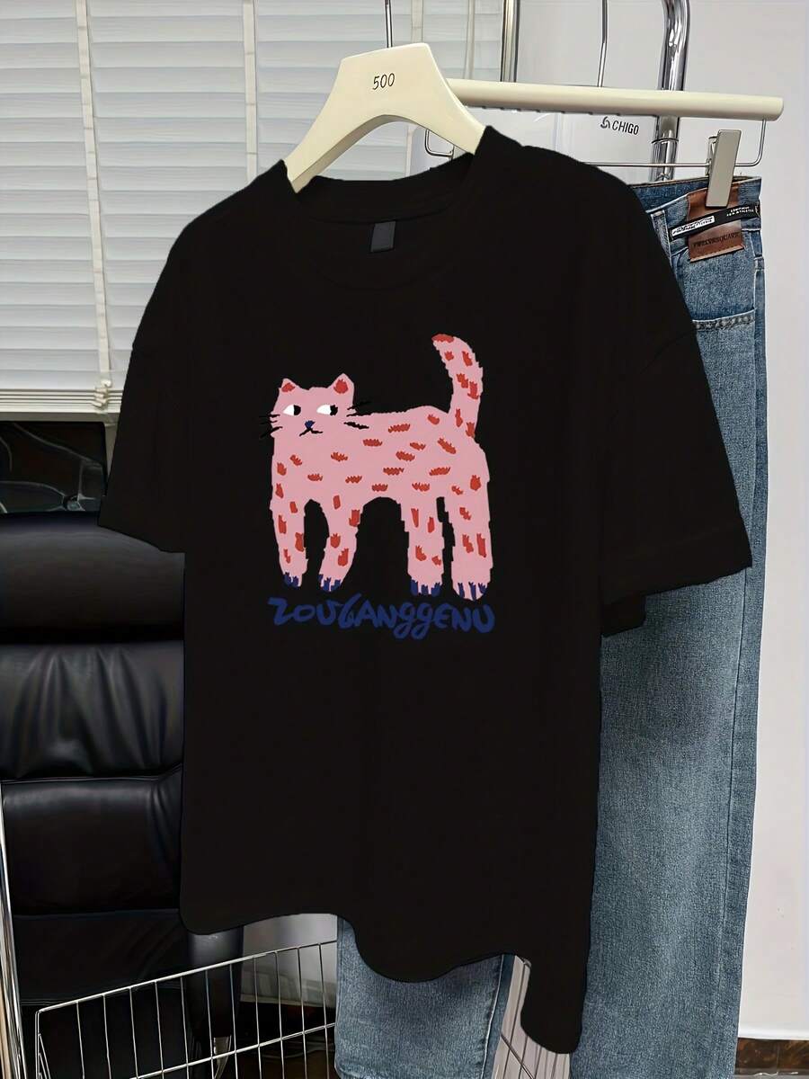 FashionNEW Women's Casual Short Sleeve T-Shirt With Cat Print, Minimalist Korean Summer Style, New Versatile Vintage Urban Style T-Shirt, Unisex, Loose Fit, Cotton, Round Neck And Short Sleeve. - 黑色 - 查看 1