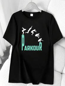 Parkour Print T-Shirt. Short Sleeve, Round Neck, High-Elasticity Casual Sports Top. Machine Washable. Spring/Summer. Women's Clothing. Elegant Party Outfit, Stylish Ladies' T-Shirt, Blouses Suitable For Curvy Women, Casual Wear, Cool And Breathable Summer Clothing, Fun Letter Print. - 黑色 - 查看 1