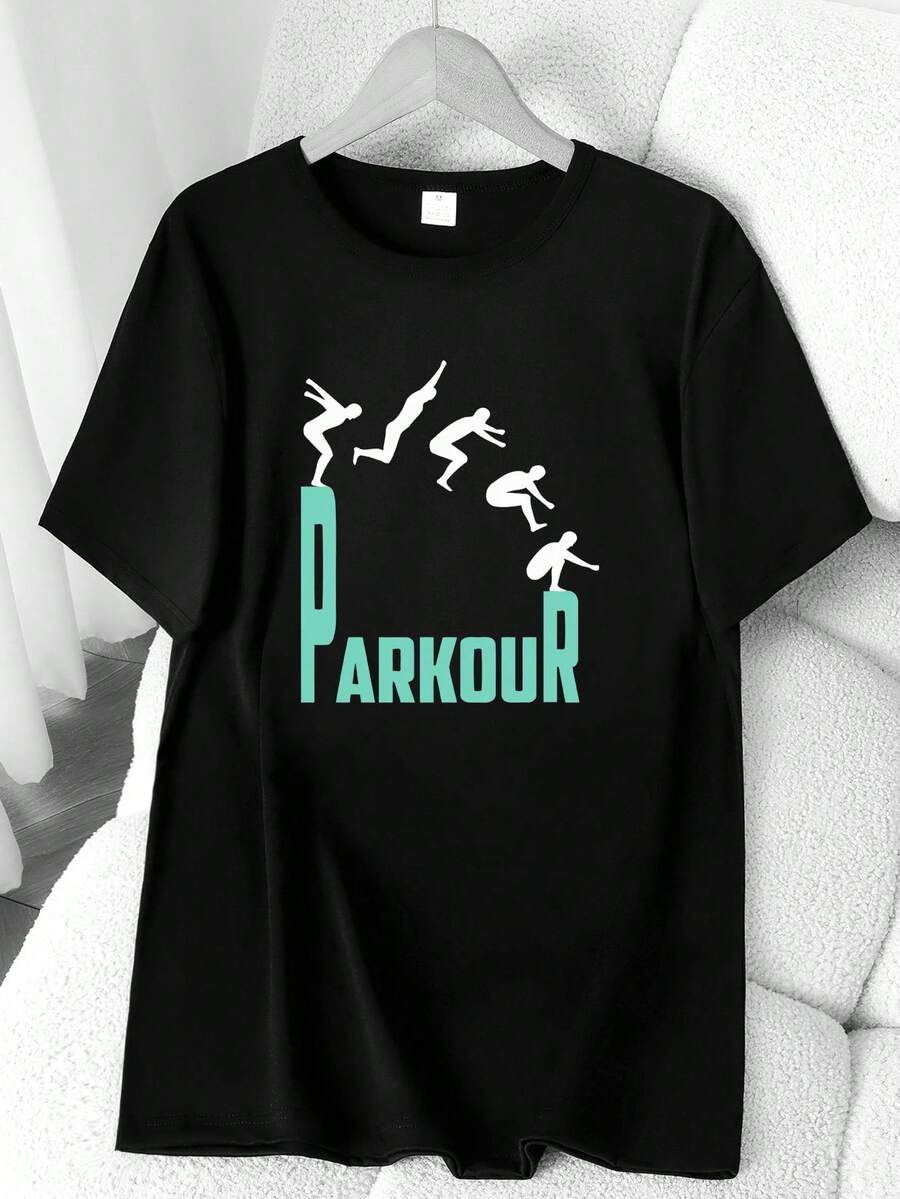 Parkour Print T-Shirt. Short Sleeve, Round Neck, High-Elasticity Casual Sports Top. Machine Washable. Spring/Summer. Women's Clothing. Elegant Party Outfit, Stylish Ladies' T-Shirt, Blouses Suitable For Curvy Women, Casual Wear, Cool And Breathable Summer Clothing, Fun Letter Print. - 黑色 - 查看 1
