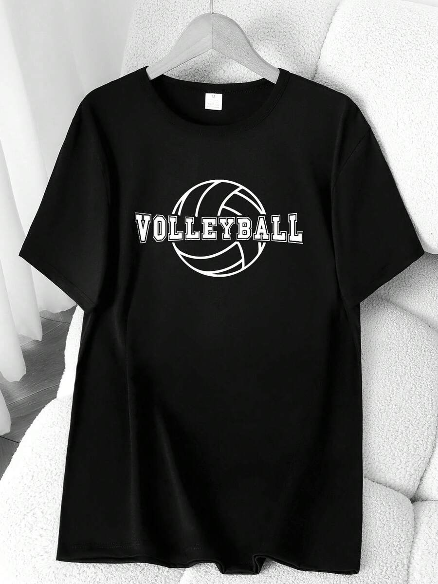 Minimalist Volleyball Print T-Shirt. Available In 6 Colors, Short Sleeves, Round Neck, High-Stretch Casual Sports Top. Machine Washable. Suitable For Spring And Summer. Can Be Worn In All Seasons. Women's Clothing. Elegant Party Outfit, Stylish Ladies' T-Shirt, Blouses Suitable For Curvy Women, Casual Wear, Cool And Breathable Summer Wear, Fun Letter Print. - 黑色 - 查看 1