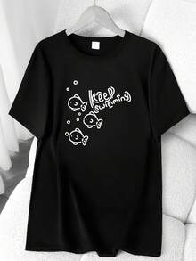 T-Shirt With A Fish And Water Bubble Print, "Keep Wimming." Available In 6 Colors, Short Sleeves, Round Neck, High Elasticity, Casual Sporty Style. Machine Washable. Suitable For Spring And Summer. Can Be Worn In All Seasons. Women's Clothing. Elegant Party Outfit, T-Shirt For Elegant Ladies, Blouses Suitable For Curvy Women, Casual Wear, Cool And Sweat-Free Summer Clothing, Fun Letter Print. - 黑色 - 查看 1
