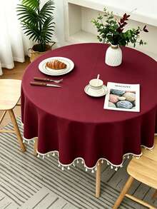 1pc Plain Round Polyester Tassel Tablecloth, Suitable For Wedding, Birthday Party, Outdoor, Study Room, Living Room And Dining Table Decor - Burgundy - View 9