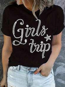 Women's Casual Short Sleeve T-Shirt - Black Top With Geometric Print And Round Neck, Slightly Stretchy Knit Fabric, Machine Washable, Comfortable Casual Clothing For Spring/Summer, Women's T-Shirts>Clothing - 黑色 - 查看 1