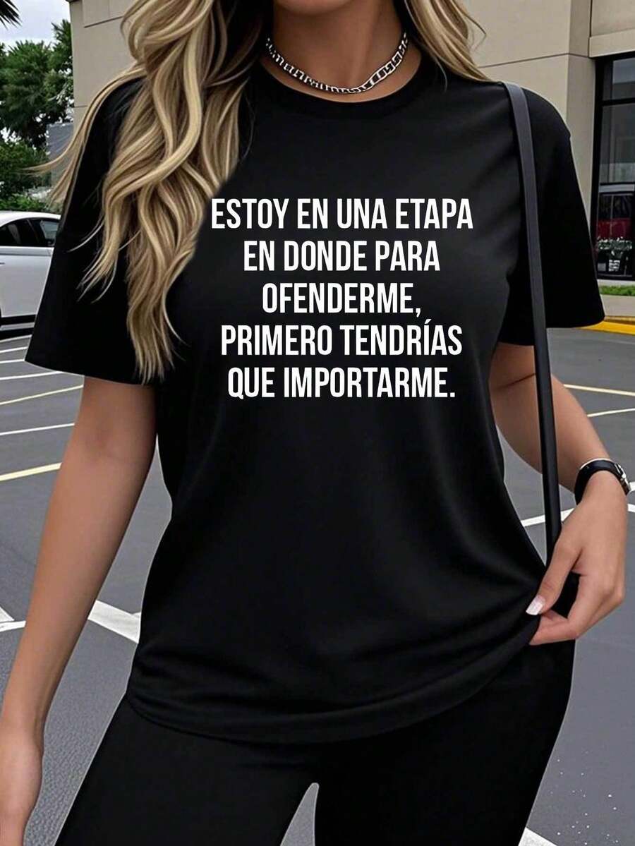Y2K Women's One-Piece Short Sleeve T-Shirt, Clear Independent Text Design In Spanish, Creative Art Hot Fashion Print, Breathable Elastic Round Neck Top, Spring Summer Autumn Outdoor Fitness Sports Comfortable Clothing - 黑色 - 查看 1